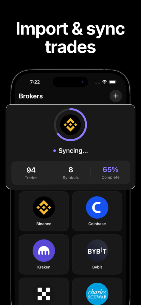 Trading Journal: Astro Trade - Astro Trade mobile app screen for importing and syncing trades from various brokers.