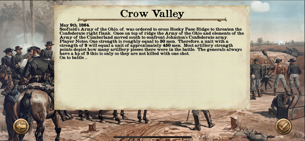 Civil War: Atlanta 1864 - A mission briefing screen for Crow Valley in the Civil War Atlanta 1864 mobile game showing historical context and player notes.