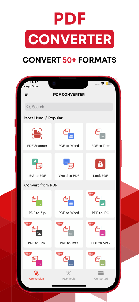 Convert PDF to Word. - The main screen of a PDF converter app on an iPhone showing various options for converting files between PDF, Word, and Image formats.