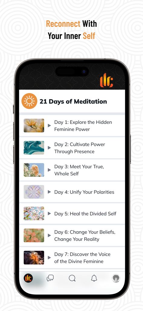 Deepak Chopra - Deepak Chopra app interface showing a list of meditation sessions for a 21-day journey to reconnect with the inner self.