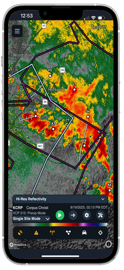 cycRad - High-resolution weather radar reflectivity on the cycRad app showing intense storms and tracking data near Corpus Christi