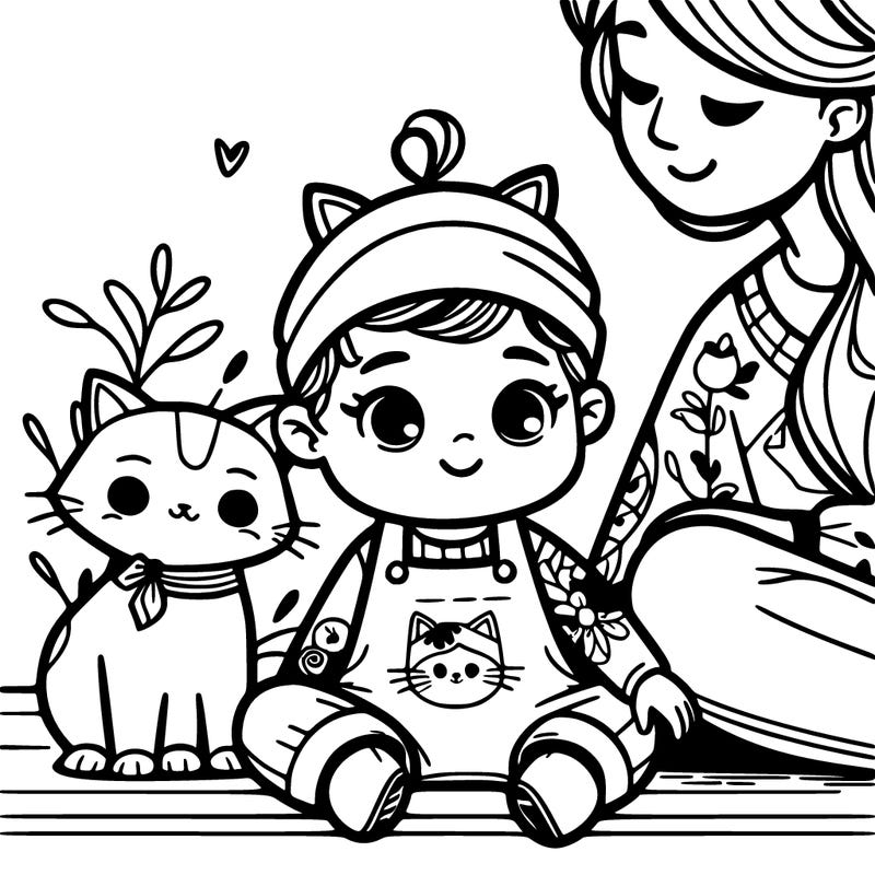 a baby girl wearing a cute pink outfit with a cat on it and she’s with her mom and her cat is also there