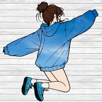 realistic girl jumping with a bun and oversized sweatshirt