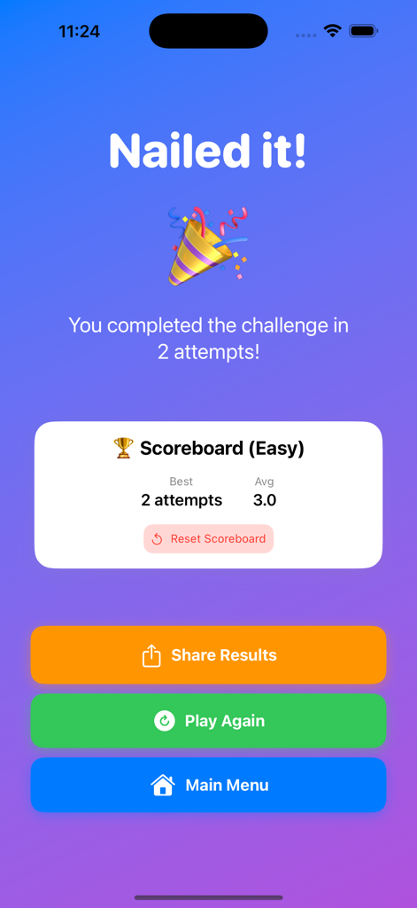 Pantalla de victoria del Juego de Adivinar Mayor o Menor mostrando un marcador con intentos y botones de navegación sobre un fondo degradado.
