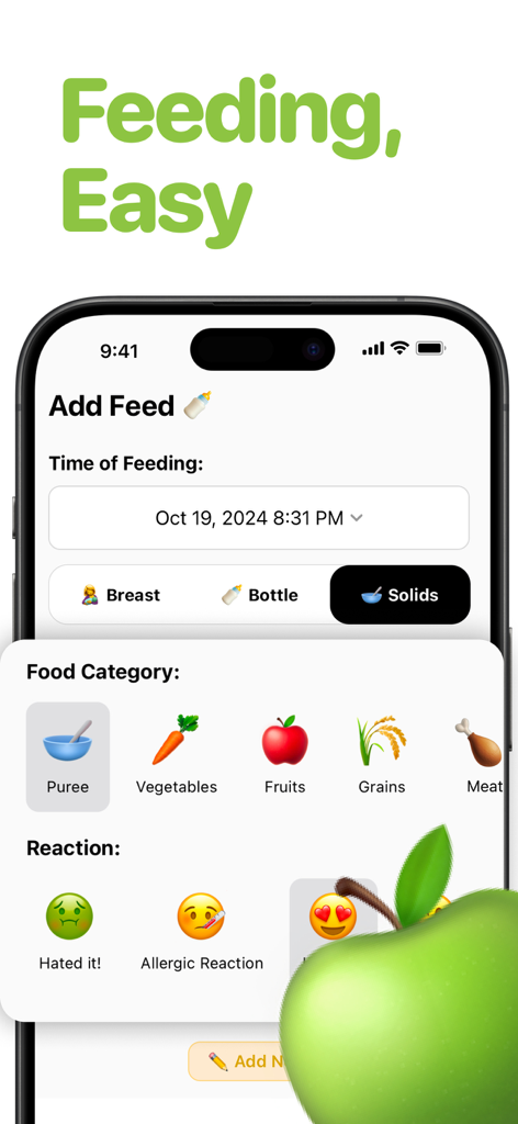 Mobile app screen showing a solid food tracker for babies with food categories and reaction emojis