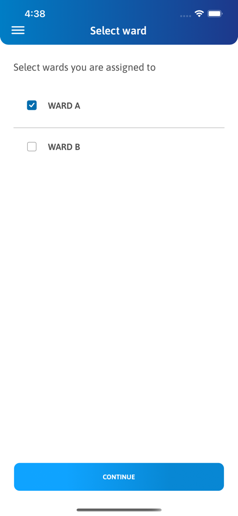 Pantalla de selección en la aplicación TENA Smartcare Pro para que los cuidadores elijan sus pabellones de atención médica asignados.