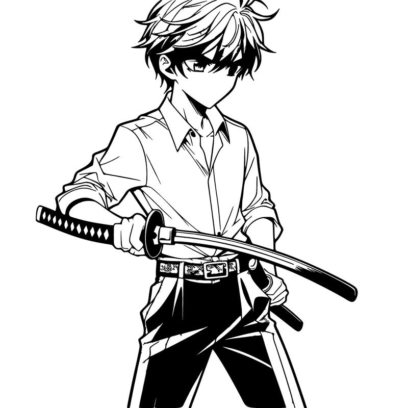 manga guy wearing dress pants and a button up shirt holding a samurai sword