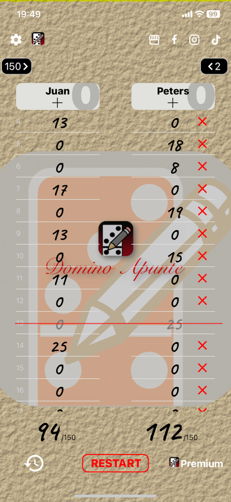 Un'interfaccia di punteggio di gioco per l'app Domino Apunte che tiene traccia di una partita tra due giocatori.