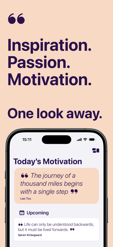 Verve: words that matter - Verve-App-Bildschirm mit täglichen Motivationszitaten von Lao Tzu und Søren Kierkegaard in einem sauberen, ästhetischen Interface