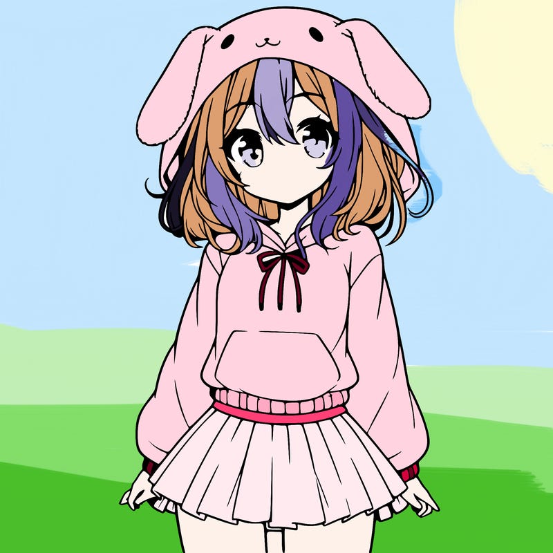 pretty anime girl wearing a fluffy hoodie with bunny ears on the hood and a skirt