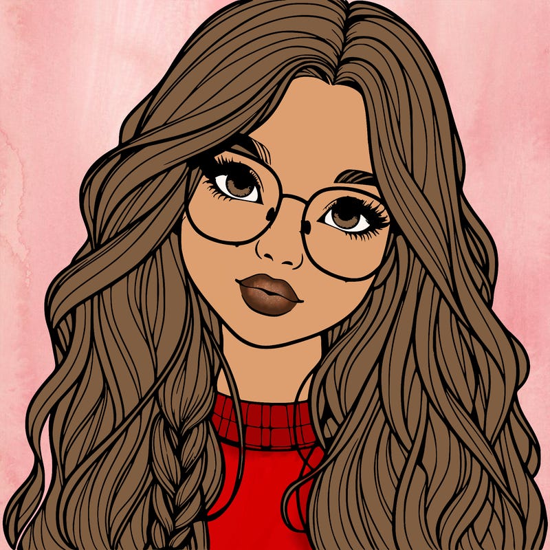 girl with long hair and freckles and glasses realistic