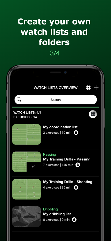 Interface da aplicação de treino de futebol easy2coach mostrando listas de observação organizadas para exercícios como passe e remate