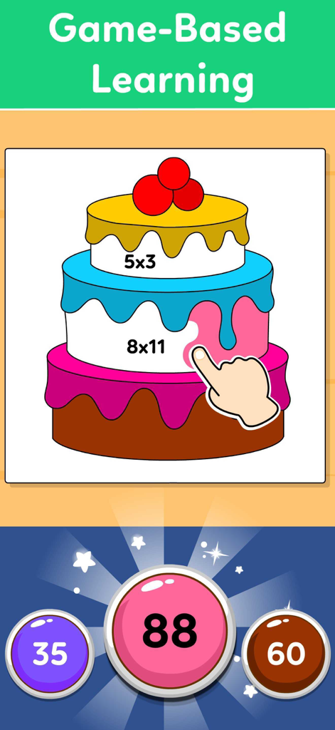 Multiplication Games For Kids+ - Educational multiplication game screen showing a tiered cake with math problems and bubble answers