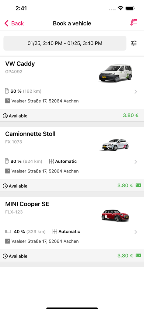 FLEX Carsharing app interface showing a list of available vehicles like VW Caddy and MINI Cooper for booking with price and range details.