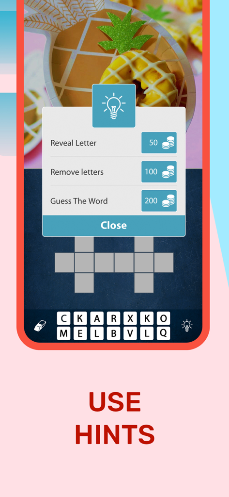 Picture Crossword: Find Words - Picture Crossword game screen showing the hint options menu with a pineapple picture clue and crossword grid
