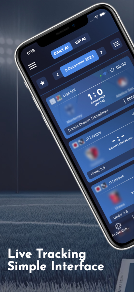 Go Betting Tips & Predictions - Go Betting Tips app interface showing live football scores and AI predictions on a smartphone