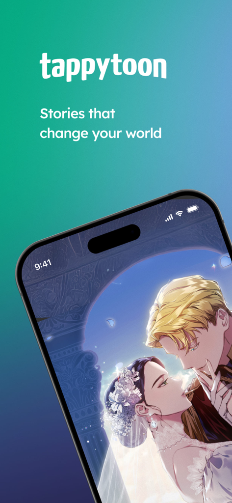 Tappytoon app screen showing a romantic manhwa scene with the slogan Stories that change your world