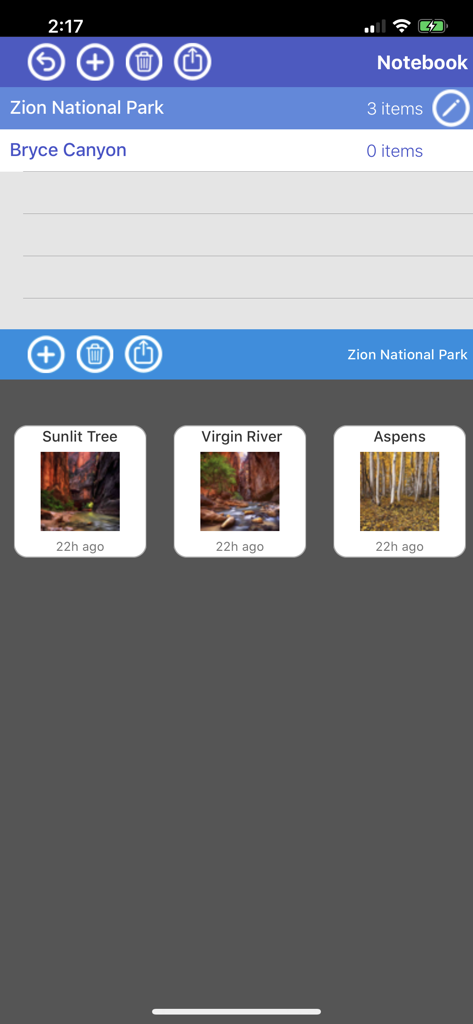 Reciprocity Timer app notebook screen showing organized photo entries for Zion National Park and Bryce Canyon