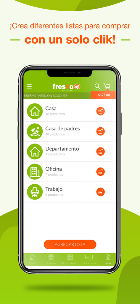 Fresko - Interfaz de la aplicación Fresko mostrando múltiples listas de compras personalizadas para diferentes lugares, como el hogar y la oficina.