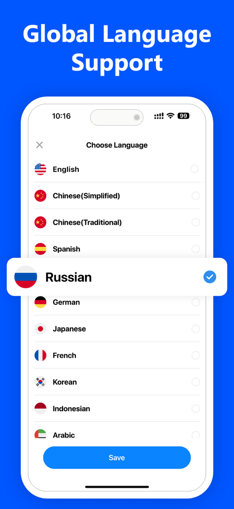 Uma captura de tela do aplicativo VPN mostrando seu menu de suporte a idiomas globais com várias opções como inglês, espanhol e russo.