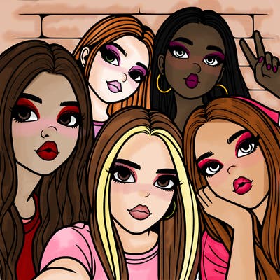 group of teen girls friends y2k up close in a selfie