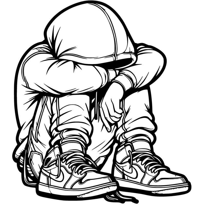 depressed man wearing hoodie and jordan shoes and baggy jeans