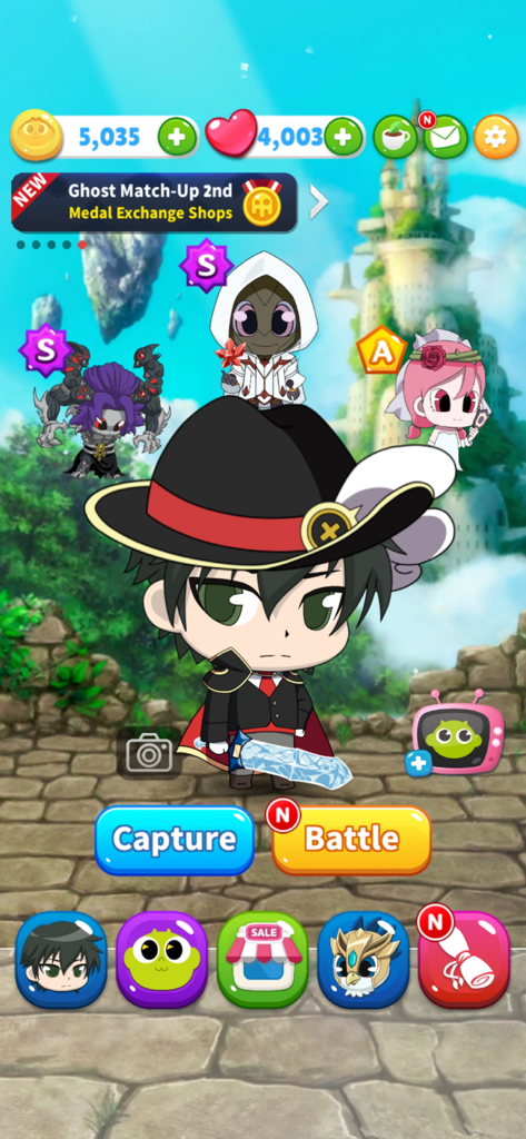 GETCHA GHOST-The Haunted House - Main menu screen of GETCHA GHOST showing the main character with a sword and collected ghosts