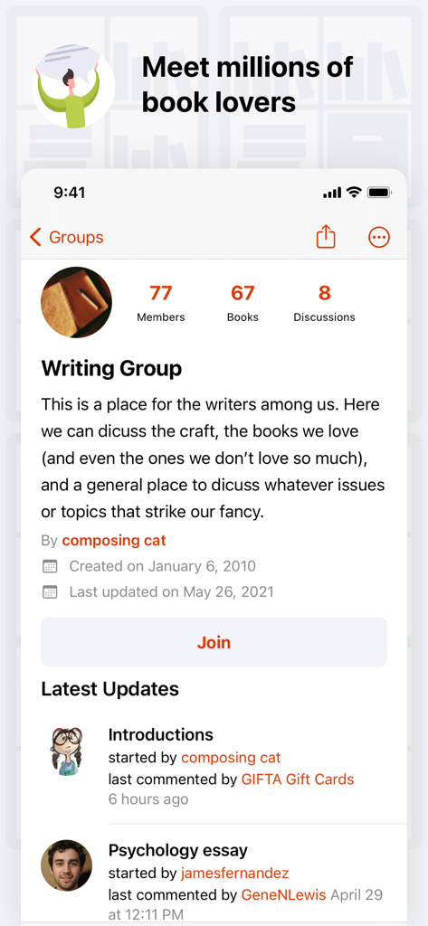 Anobii™ - A screenshot of the Anobii app displaying a writing group page with membership stats and discussion threads