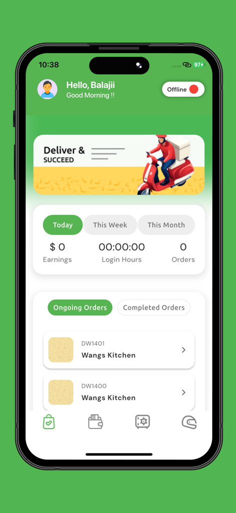Delicart  Partner - Interface of the Delicart Partner app dashboard showing earnings statistics and ongoing delivery orders