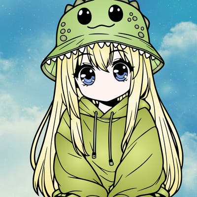 girl with anime shaped eyes with a dinosaur bucket hat oversized sweatshirt long straight hair