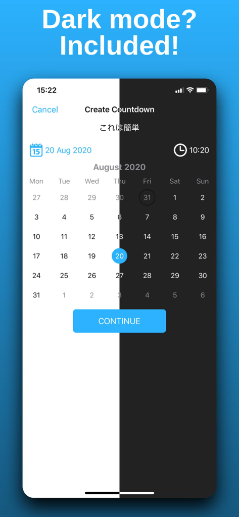 A split-screen view of the Countdown app showing the calendar interface in both light and dark modes.
