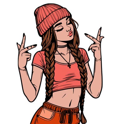realistic teenage girl with braids and a beanie and crop top doing 🫶🏼