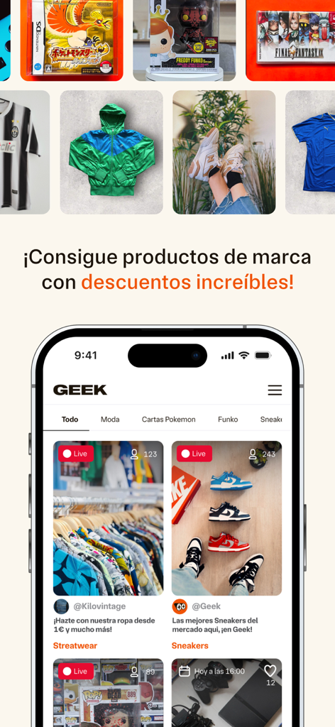 Interfaz de la aplicación Geek mostrando subastas en vivo de moda vintage y coleccionables
