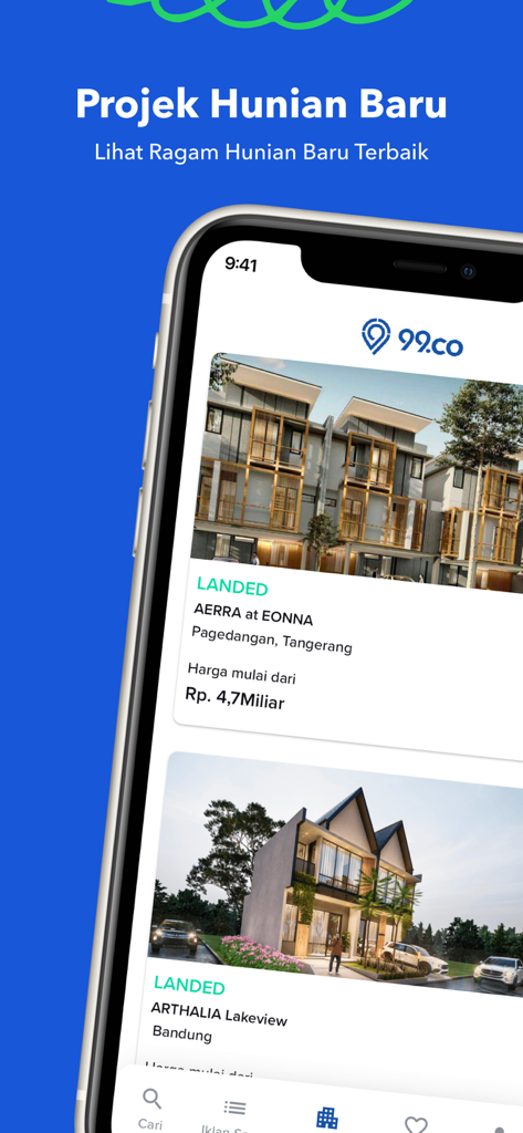 99.co Indonesia - 99.co Indonesia app interface showing a list of new housing projects in Tangerang and Bandung