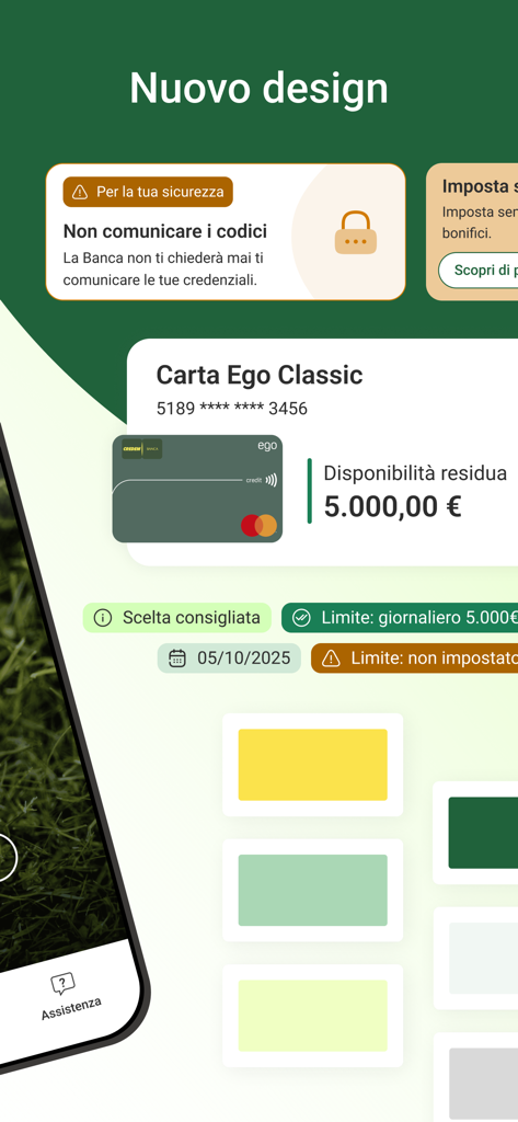 Interface of the Credem Banca mobile app showing credit card balance and security notifications