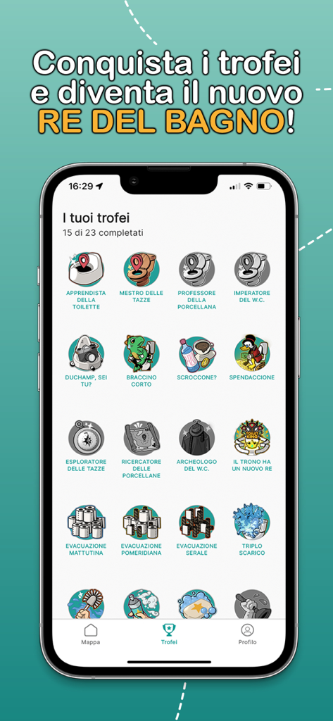 Uma coleção de distintivos e troféus de conquistas humorísticas com tema de banheiro dentro da interface do aplicativo