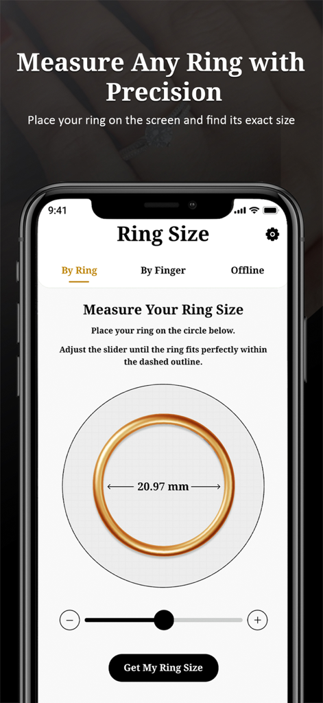Ring Size - Find Your Size - スライダーガイド付きのデジタルサイズ測定のために画面に置かれたリングを示すモバイルアプリインターフェース。