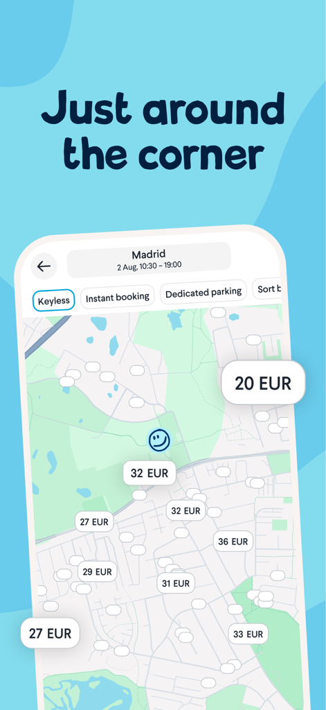 Kartenansicht der Amovens App, die verfügbare Mietwagen und Preise in Madrid mit Suchfiltern anzeigt