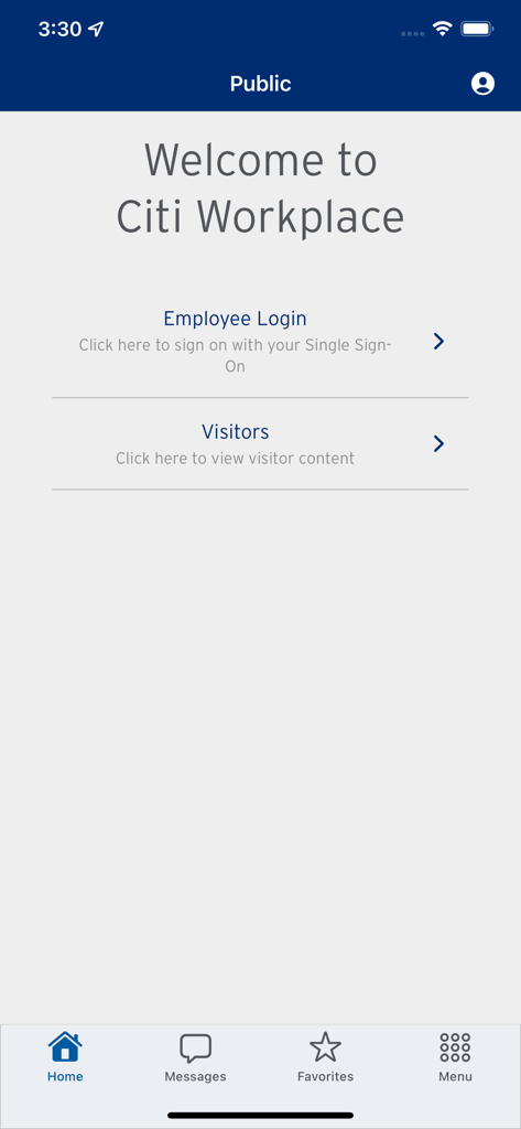 Citi Workplace app welcome screen featuring employee login and visitor options