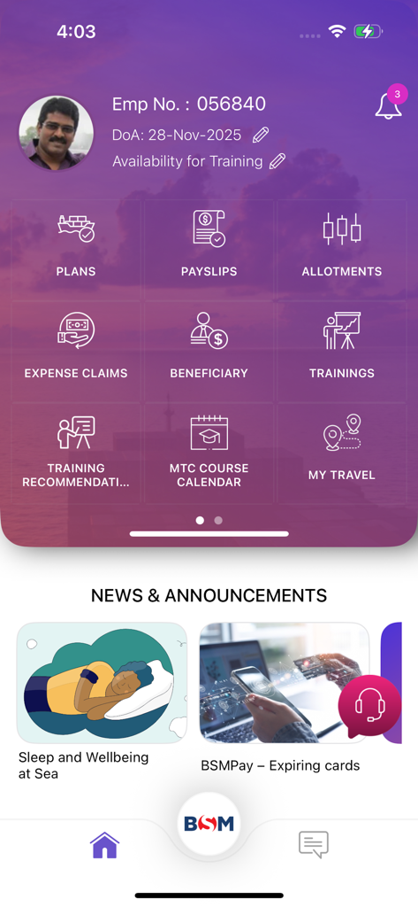 Dashboard of the BSM Seafarer Portal mobile app showing user profile and menu options for payslips, training, and travel