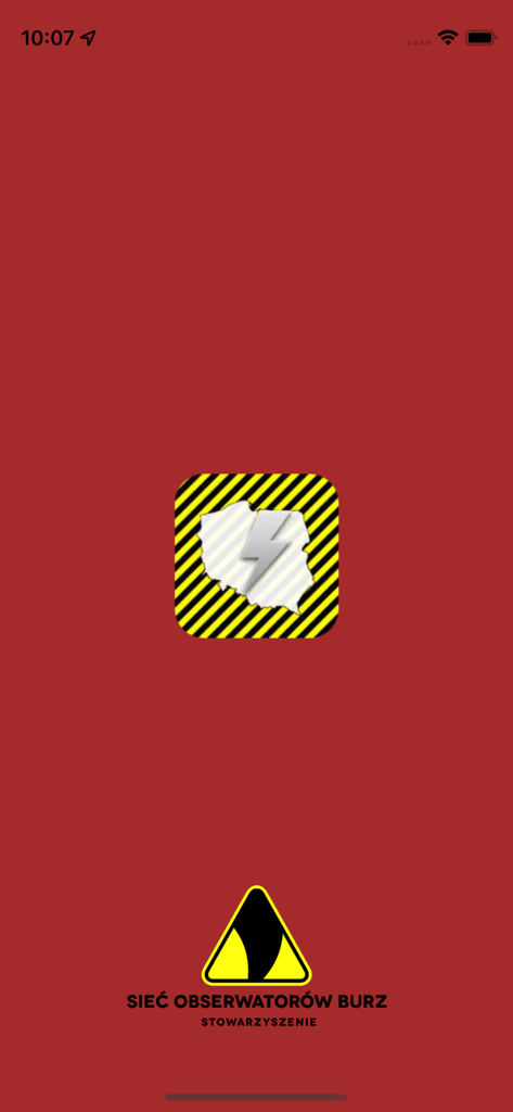 Monitor Burz app startup screen with storm observer network logos on a red background.