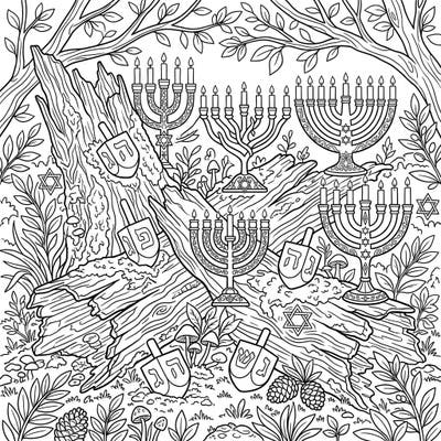 Discover a truly unique Hanukkah coloring page where nature meets tradition in a beautiful forest setting. This intricate design features festive menorahs and dreidels nestled among richly detailed fallen forest logs, offering hours of creative enjoyment.