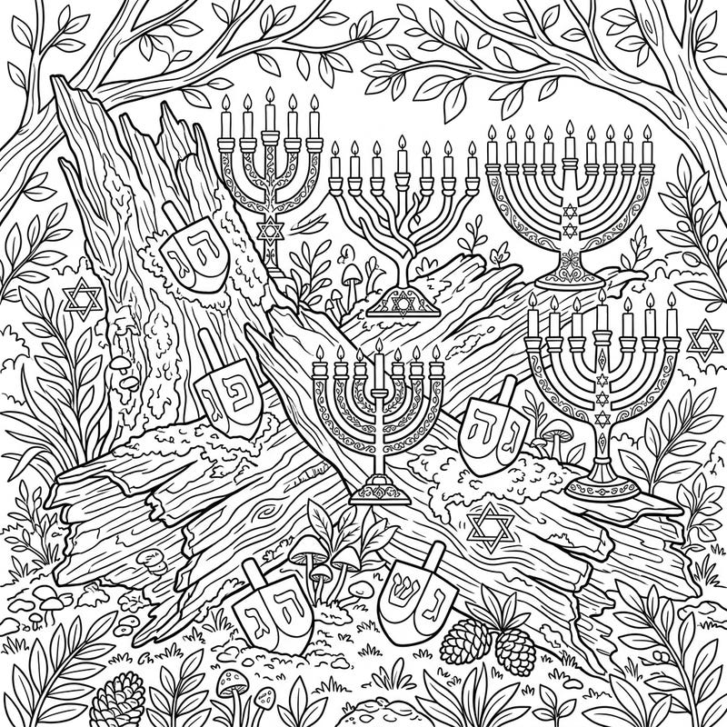 Discover a truly unique Hanukkah coloring page where nature meets tradition in a beautiful forest setting. This intricate design features festive menorahs and dreidels nestled among richly detailed fallen forest logs, offering hours of creative enjoyment.