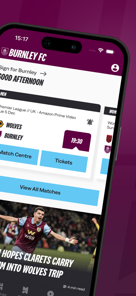バーンリーFC公式アプリのホーム画面。次の試合と最新ニュースが表示されています。