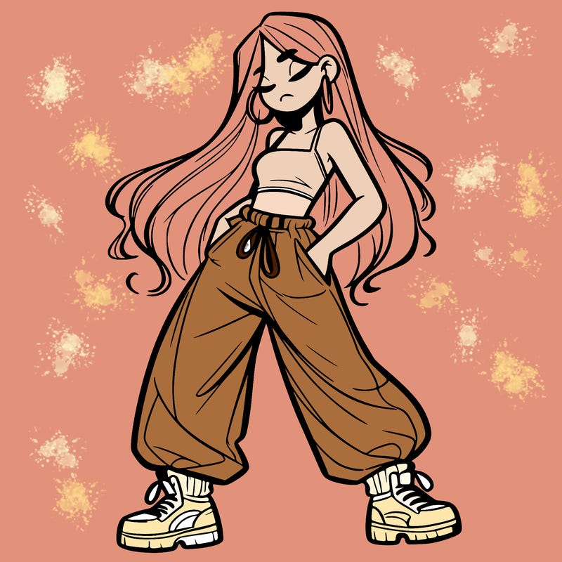girl in baggy pants crop top and long hair