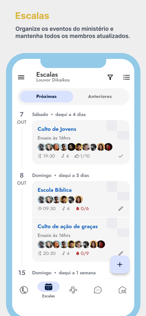 LouveApp - Interface do LouveApp exibindo escalas de cultos da igreja e atribuições de membros