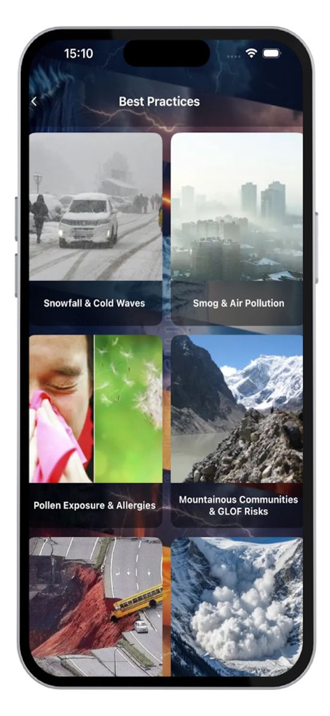 Global Disasters Early Warning - Mobile app screen showing safety best practices for various hazards like snowfall, smog, and mountainous risks
