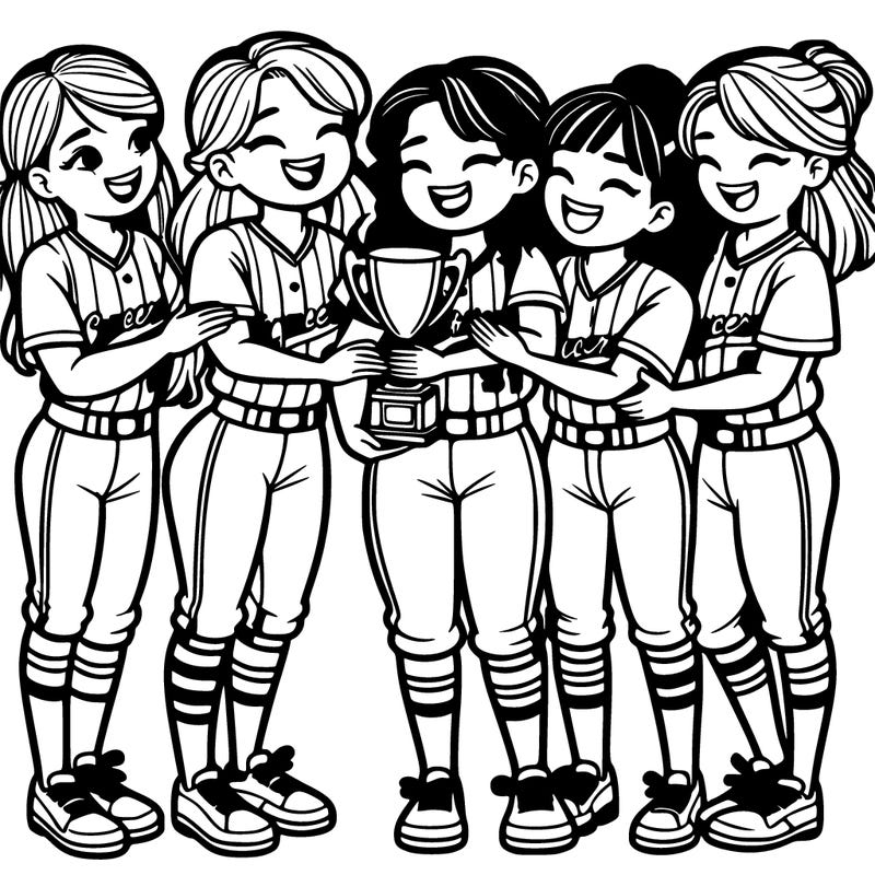 girl softball team with 5 girls all hugging in softball uniform holding a first place trophy