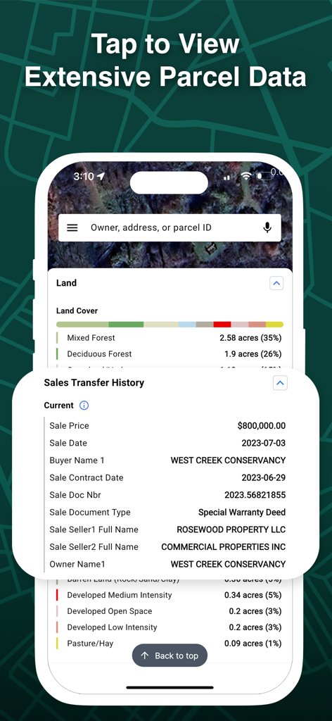 Capture d'écran de l'interface de l'application LandGlide affichant des données détaillées sur les parcelles de propriété, notamment les types de couverture terrestre et les informations historiques sur les transferts de propriété.