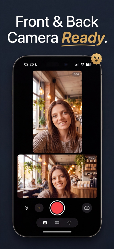 Dual Shot Camera: ReFrame - ReFrame app interface on an iPhone displaying simultaneous portrait and landscape video previews